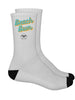 A pair of eco-friendly unisex crew socks in white with a black toe and ankle and a small retro-style logo and text