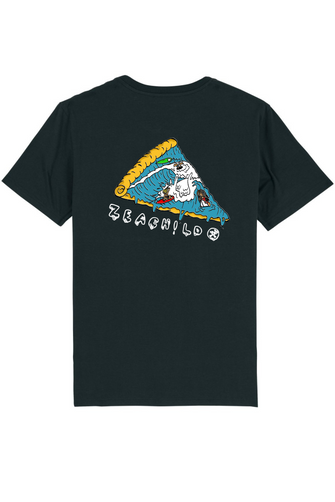 An eco-friendly black organic cotton unisex shirt with a fun comic book style print of people surfing on a pizza slice. The shirt is perfect for those who love unique and playful designs. The print is vibrant and eye-catching, adding a fun touch to any outfit. The organic cotton material is soft, breathable and gentle on the skin, making it comfortable to wear all day long.