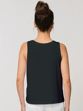 A women's black high-neck tank top featuring a geometric whale and a realistic wave heart design. The sleeveless top has a figure-hugging cut and reaches to the middle of the hips. The graphic design features a geometric whale and a realistic heart with waves, giving the product a unique and stylish touch. The fabric is soft and comfortable, giving the wearer a comfortable feeling. The product is suitable for environmentally conscious consumers and promotes sustainable fashion.