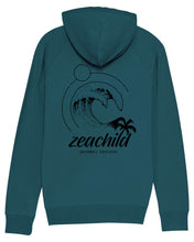 A unisex hoodie made from eco-friendly materials in shades of grey, burgundy and teal. The hoodie has a relaxed fit, long sleeves and a drawstring hood. The fabric used is soft and comfortable, giving the wearer a cozy feeling. The hoodie is suitable for both men and women and promotes sustainable and conscious consumption. The back shows a black print of waves, sun and palm tree.