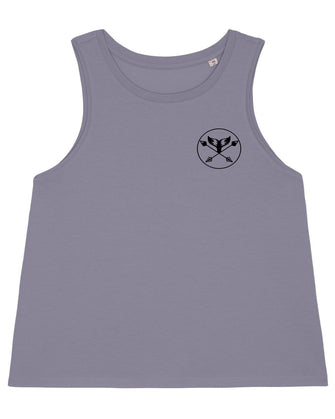 A gray high-neck tank top for women made from eco-friendly materials. The sleeveless top has a loose fit and reaches mid-hip. The fabric has a soft texture and a slight stretch that gives the wearer a comfortable feel. The product is sustainably produced and promotes conscious consumption.