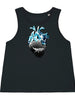 A women's black high-neck tank top featuring a geometric whale and a realistic wave heart design. The sleeveless top has a figure-hugging cut and reaches to the middle of the hips. The graphic design features a geometric whale and a realistic heart with waves, giving the product a unique and stylish touch. The fabric is soft and comfortable, giving the wearer a comfortable feeling. The product is suitable for environmentally conscious consumers and promotes sustainable fashion.